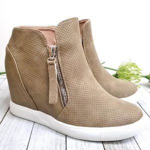 New Tan Zipper Hidden Wedge High Top Sneakers